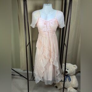 Elegant Pink Ruffled Dress with Built-in Bra Padding